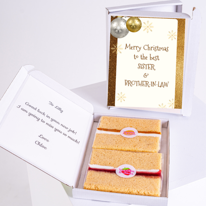 Christmas cake gift for sister and brother-in-law, with a note.