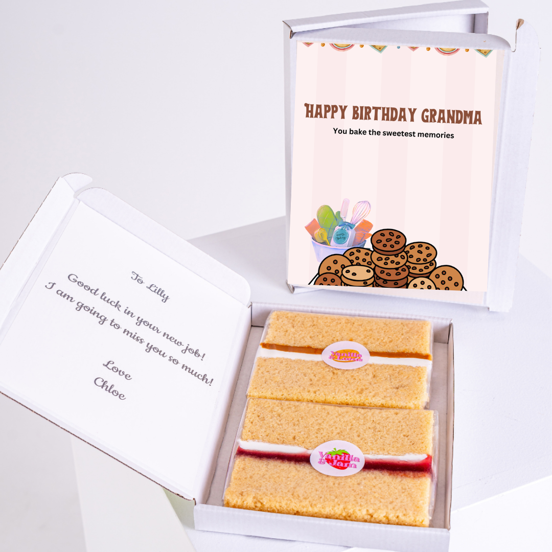 Birthday cake gift box for Grandma, and farewell message.