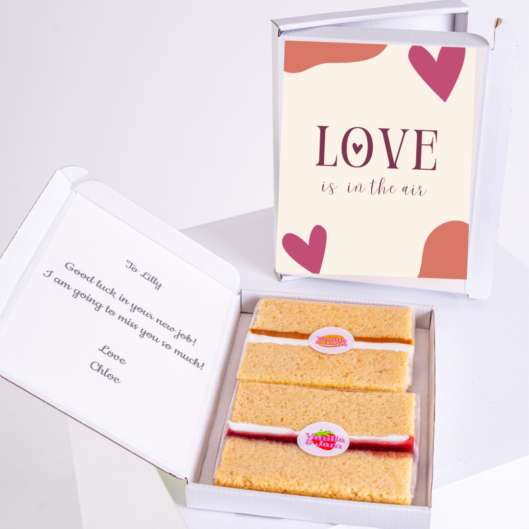 Cake gift box with Love is in the air card and note to Lilly.