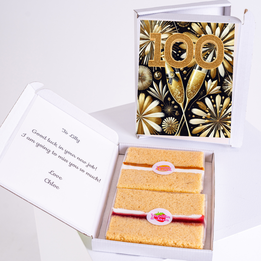 Cake box with 100 card and message for Lilly