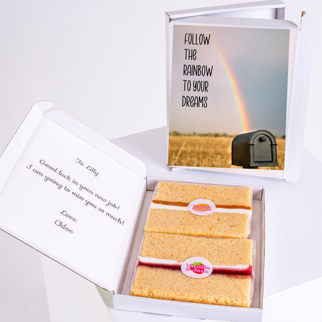 Cake box with rainbow image & Good luck message