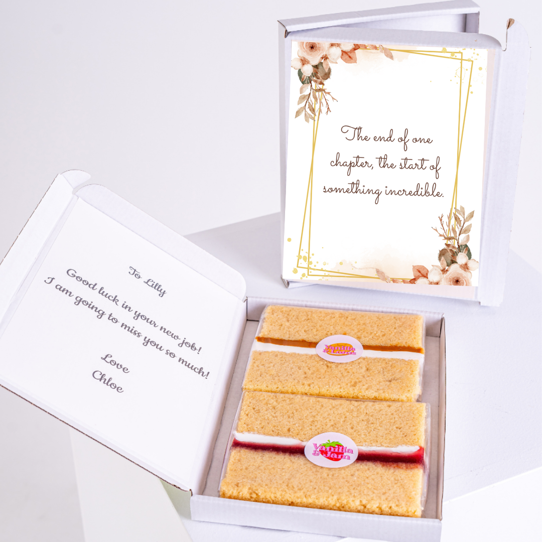 Farewell cake box for Lilly with a message and cake slices.