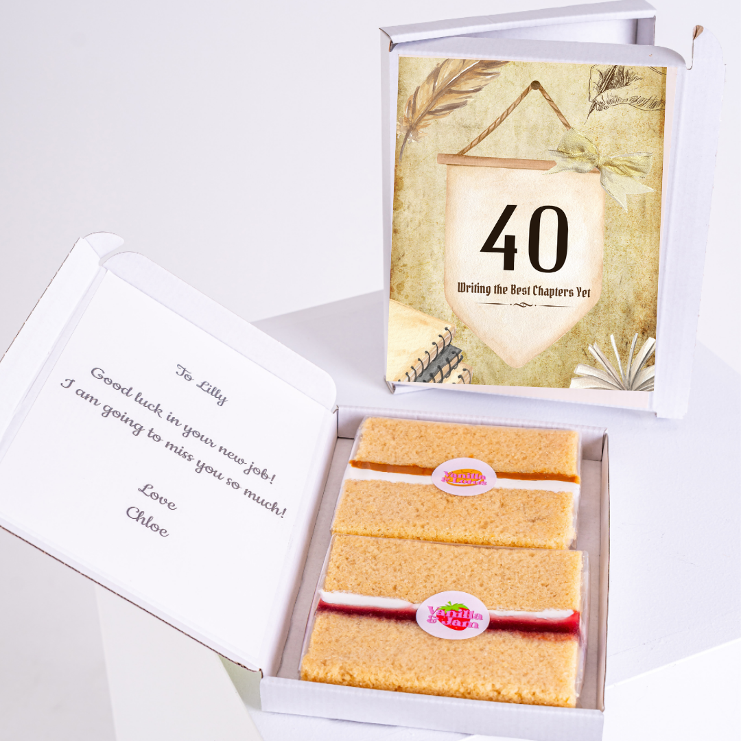 Farewell gift box with cake and 40 banner, for Lilly.