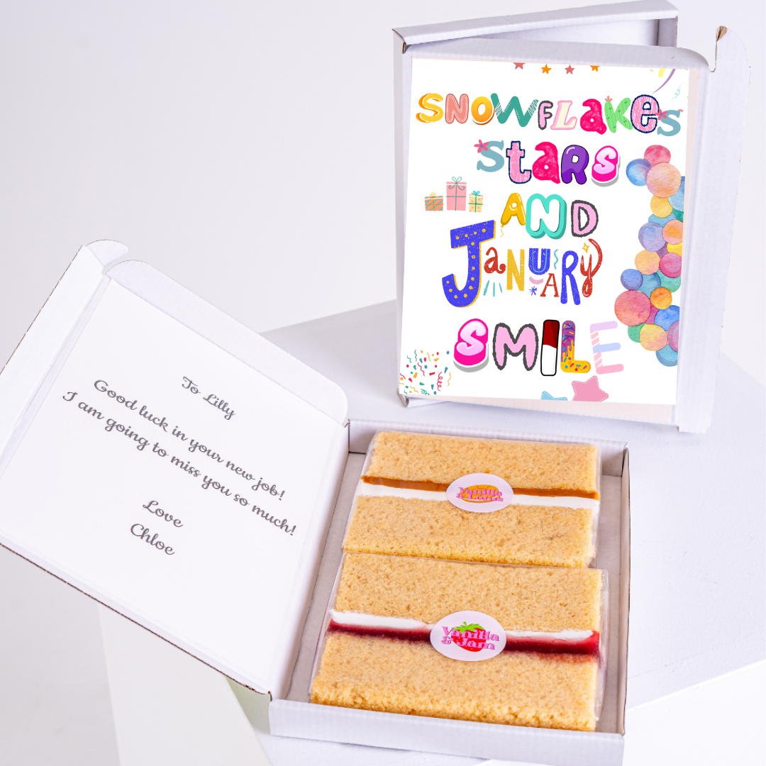 Cake gift box with January Smile card and a note to Lilly.