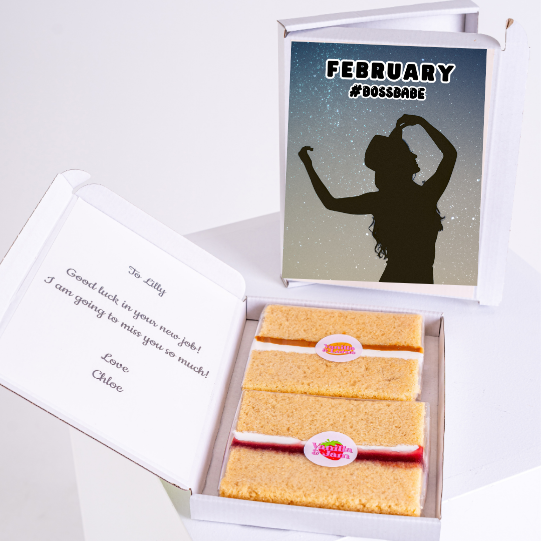 February #BossBabe gift box with cake and a farewell message.