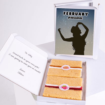 February #BossBabe gift box with cake and a farewell message.