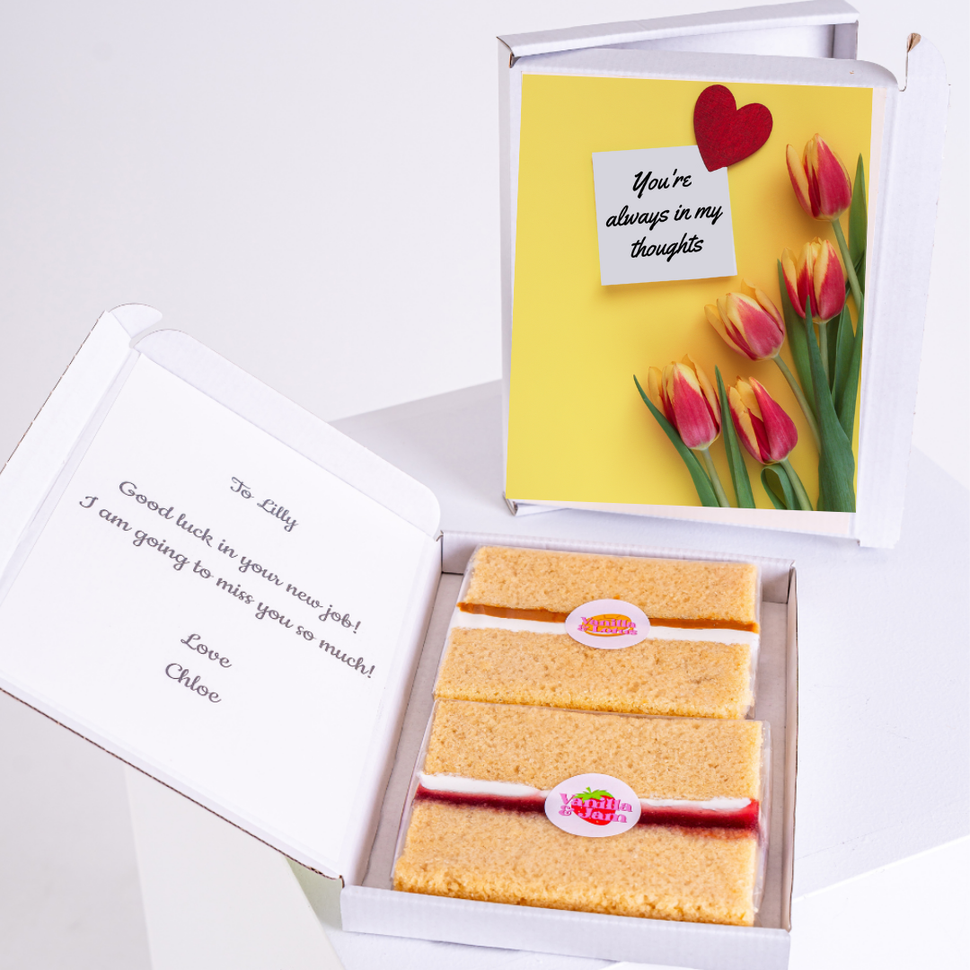 Cake gift box for Lilly, with a card saying You're always in my thoughts