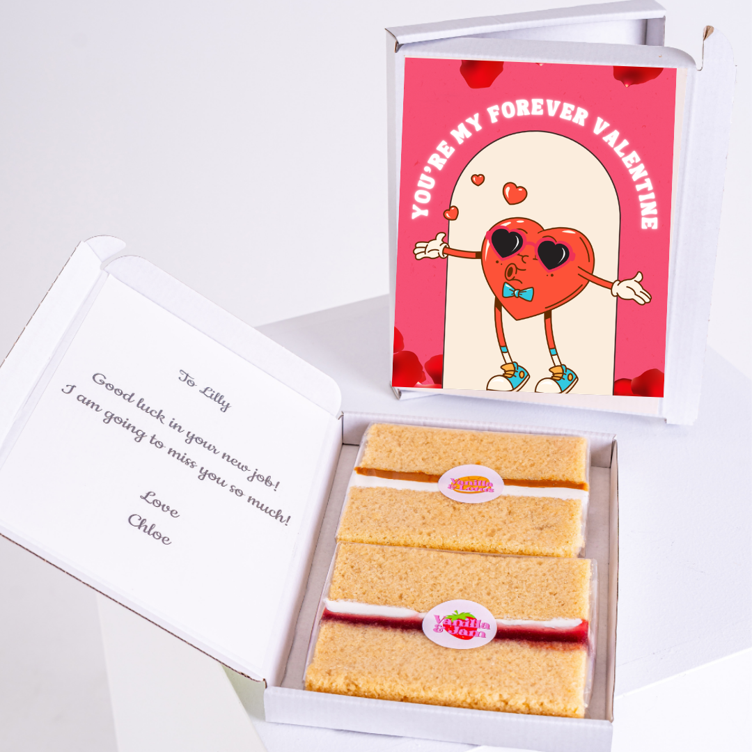 Valentine's Day cake box with Forever Valentine card, good luck message