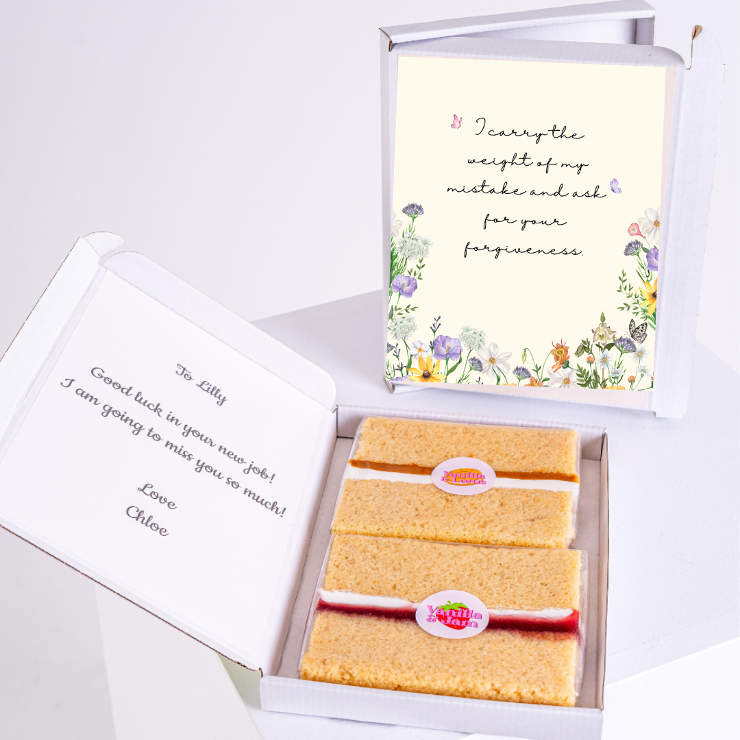 Gift box with cake & apology card for Lilly