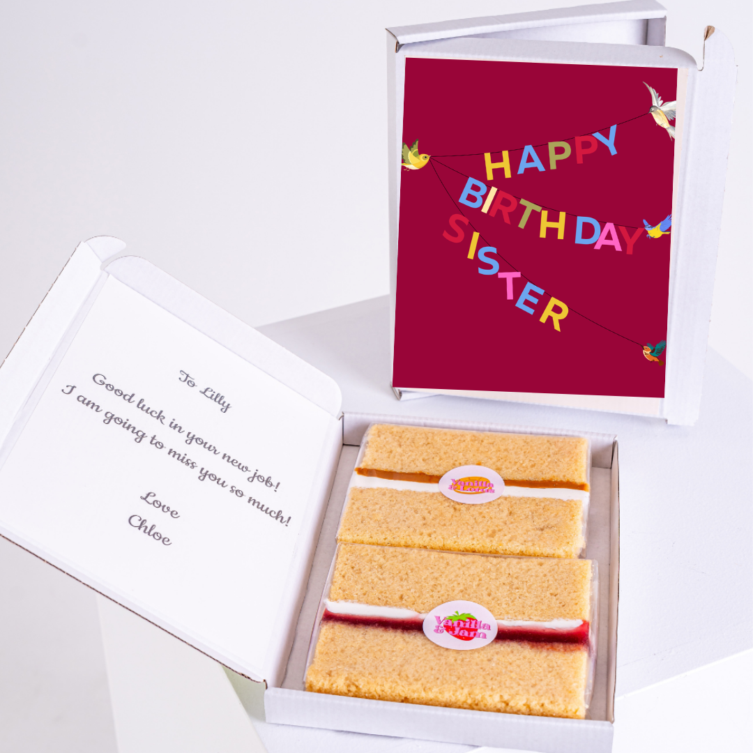 Birthday cake gift for sister, card says Happy Birthday Sister