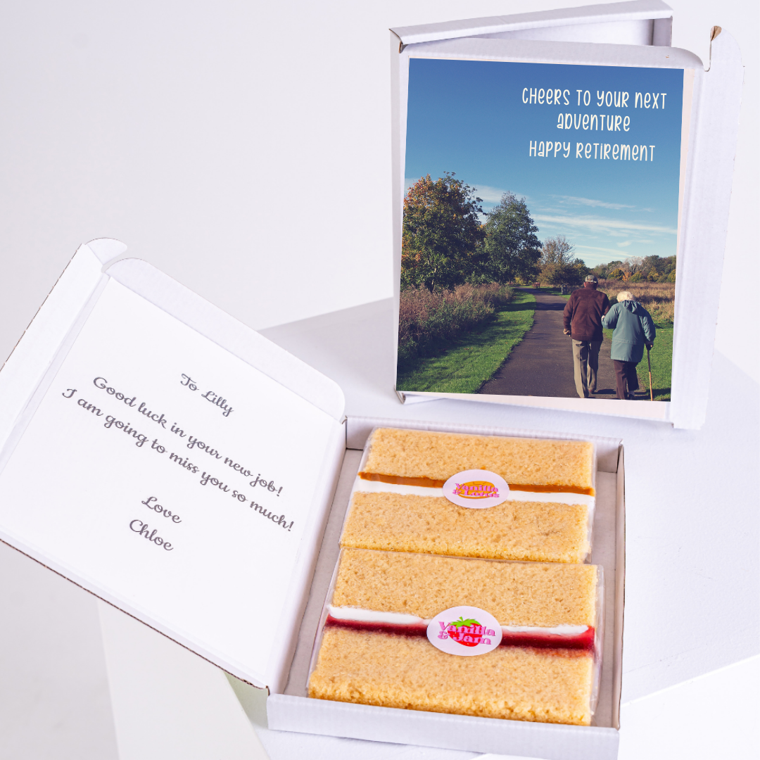 Retirement cake gift for Lilly with Cheers to your next adventure message.