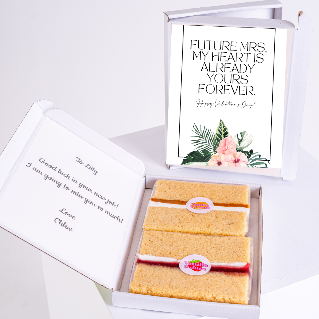 Valentine's Day cake gift box with message and well wishes for Lilly.