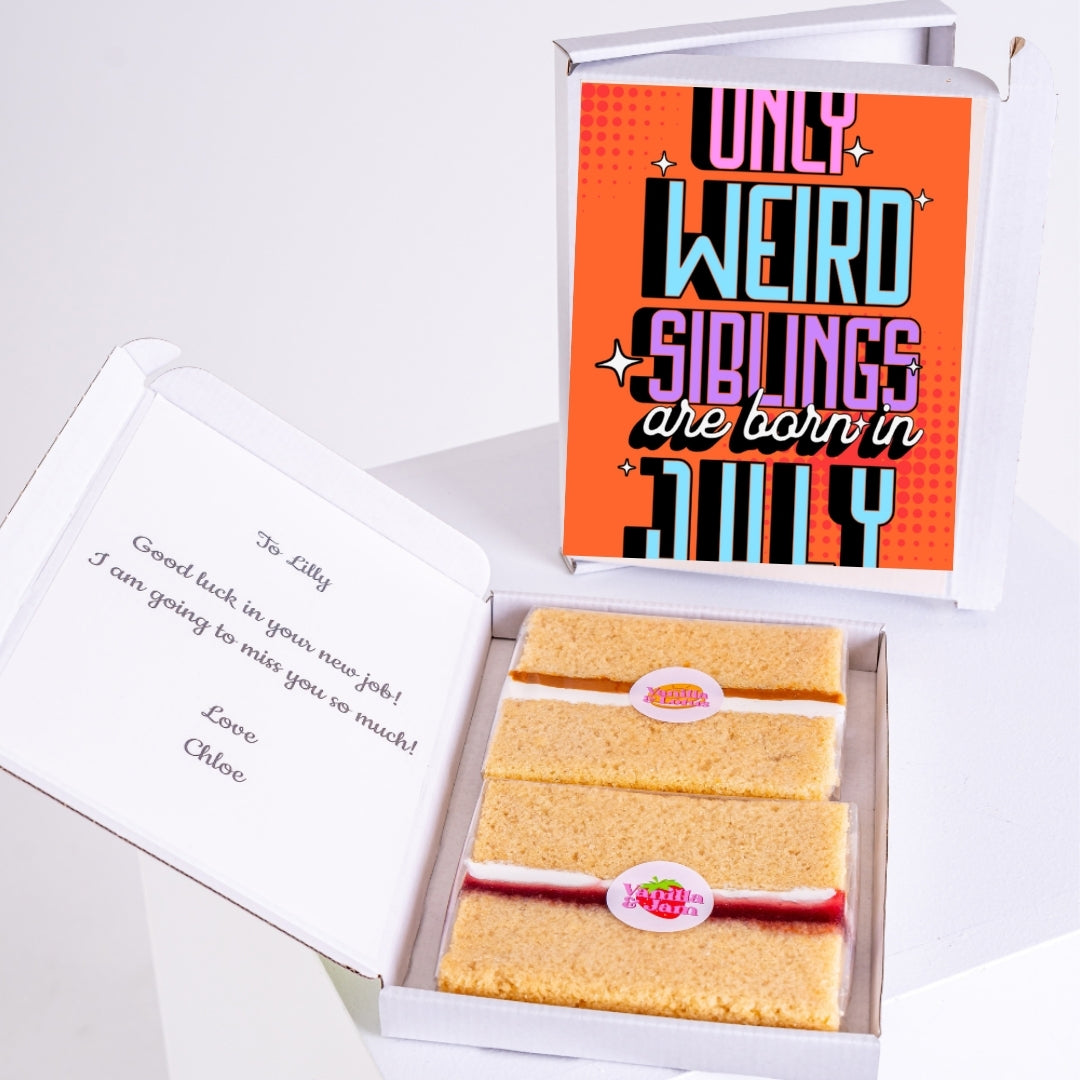 Letterbox cake with July sibling message.