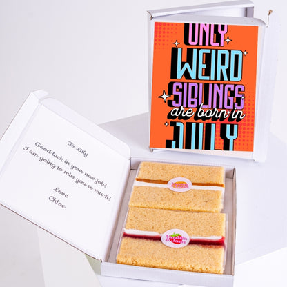 Letterbox cake with July sibling message.