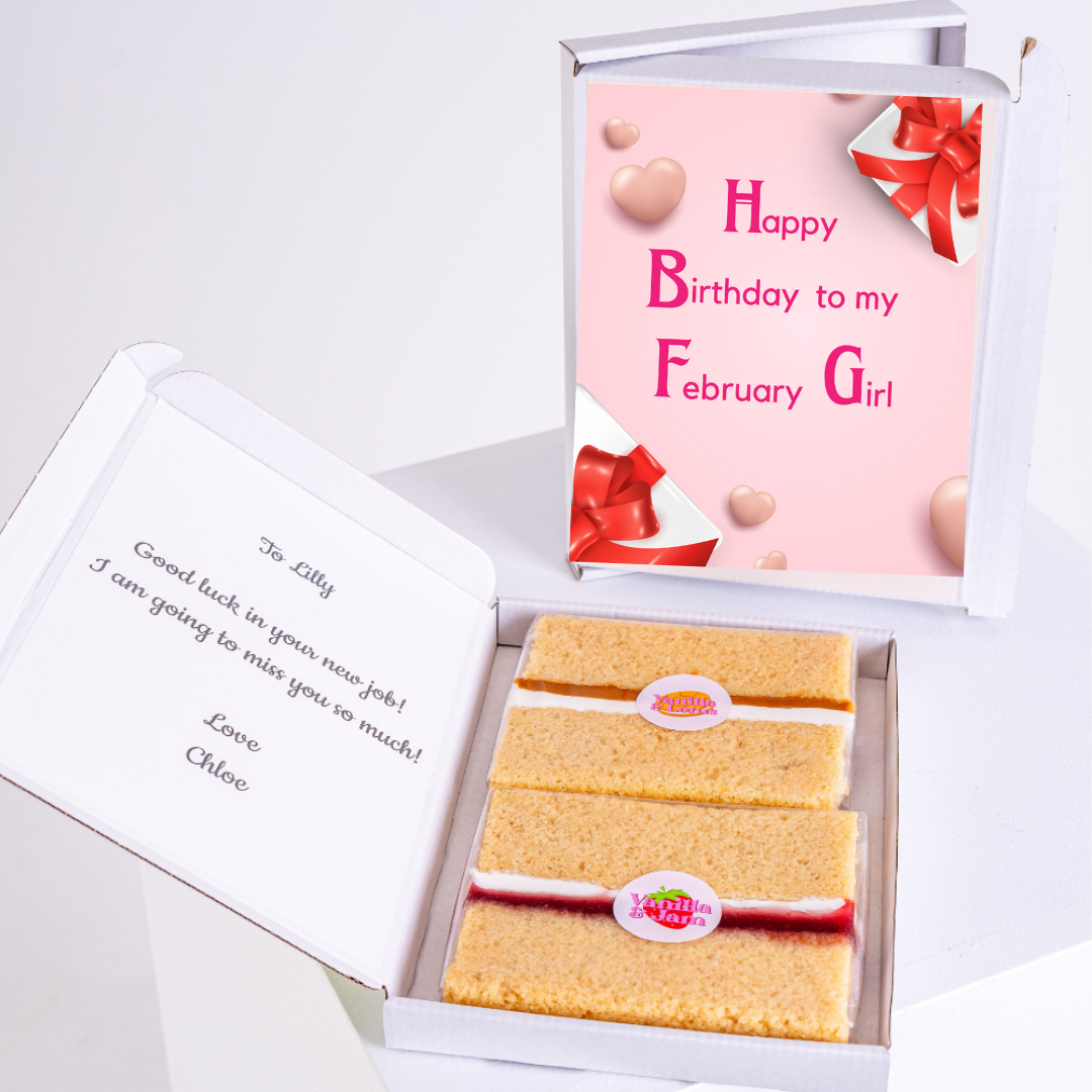 Birthday cake and card for February girl, with note from Chloe.