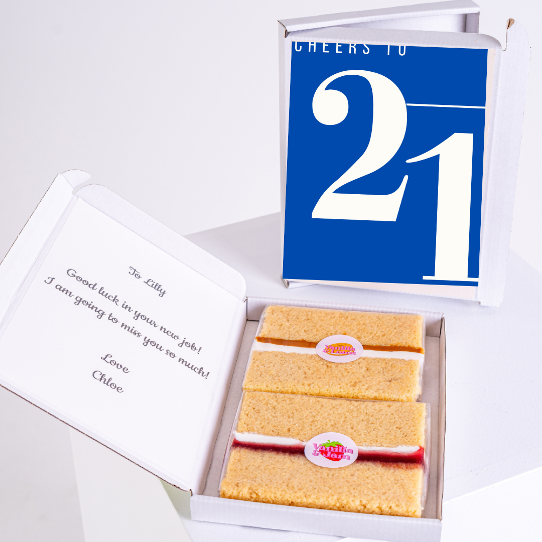 21st birthday gift box with cake and a farewell message.