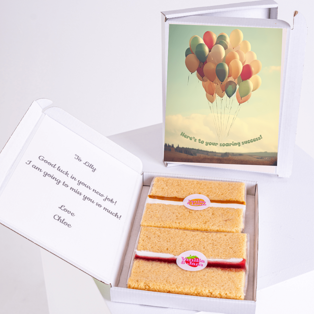 Gift box with cake, card, and balloons for Lilly.