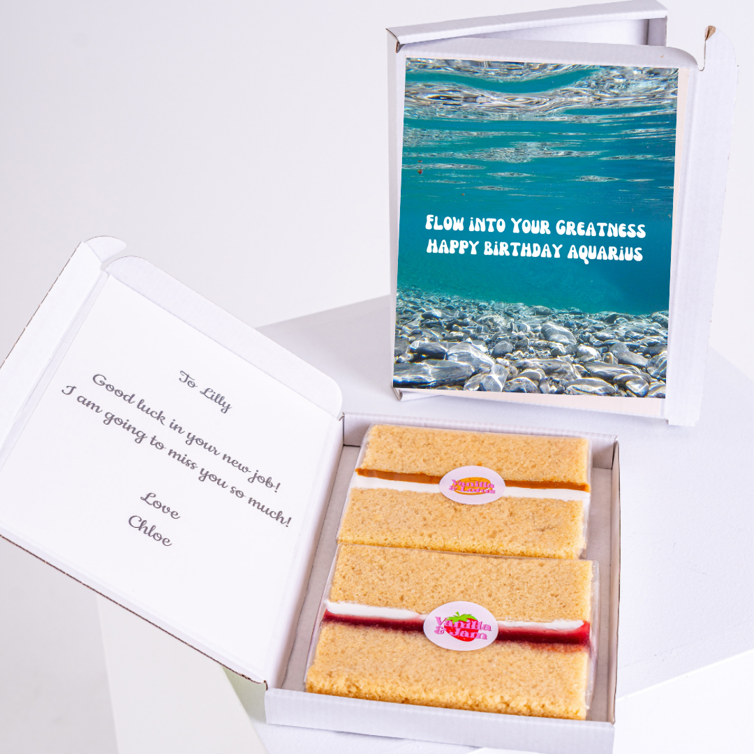 Birthday cake gift box with Happy Birthday Aquarius card.