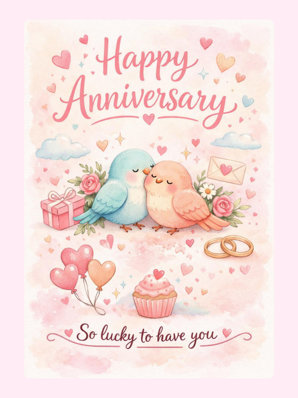 So Lucky To Have You Lovebirds Anniversary Cake Card letterbox cake card with freshly baked cake slices