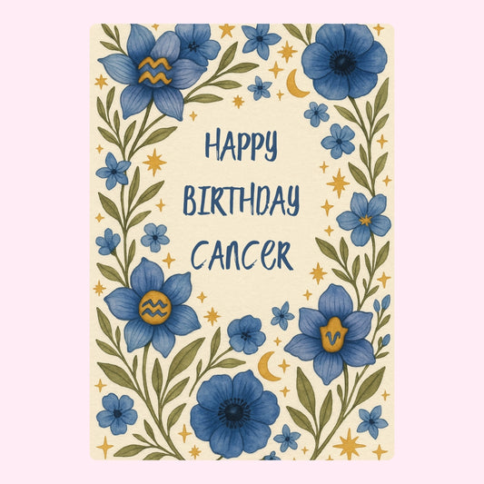 Floral horoscope-themed birthday message for Cancer star sign.

