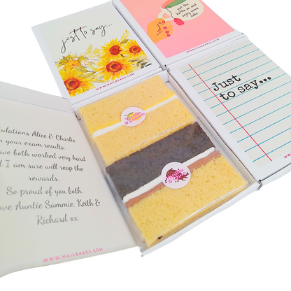 MailBakes cake gift set with Just to say cards and congratulatory message.