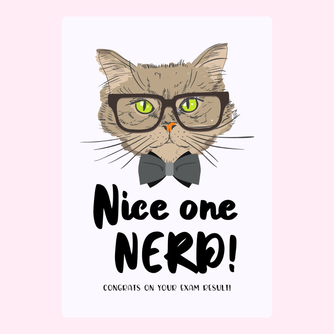 Funny cat illustration with glasses and “Nice One Nerd!” text.
