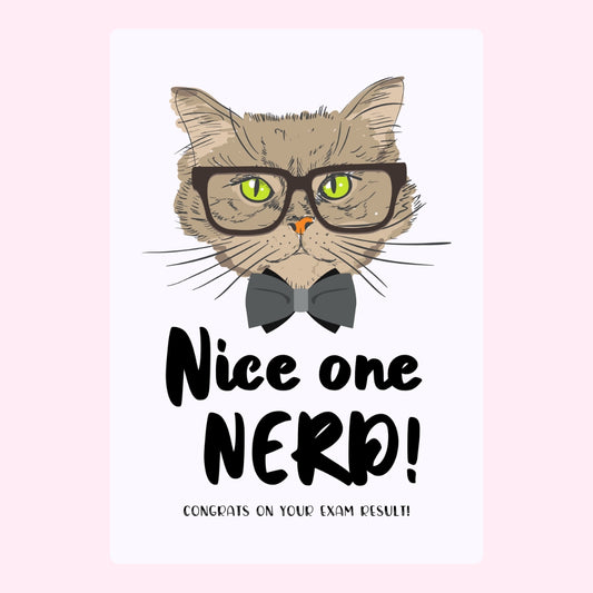 Funny cat illustration with glasses and “Nice One Nerd!” text.