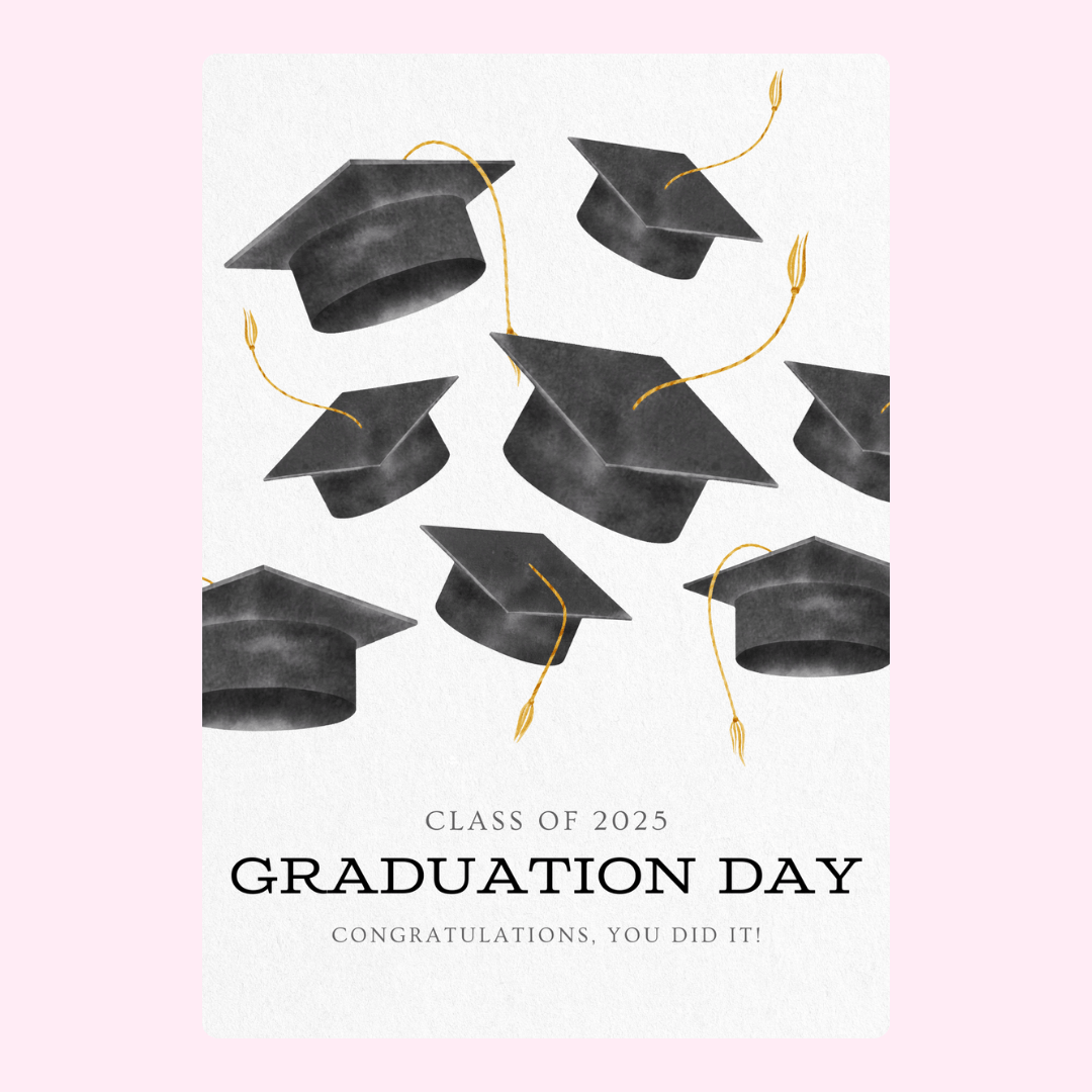 Graduation Day card with floating mortarboards - Class of 2025