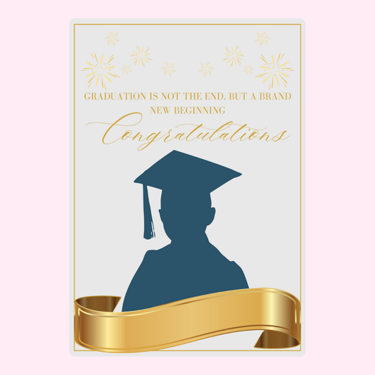Graduation card with congratulations message and gold ribbon.