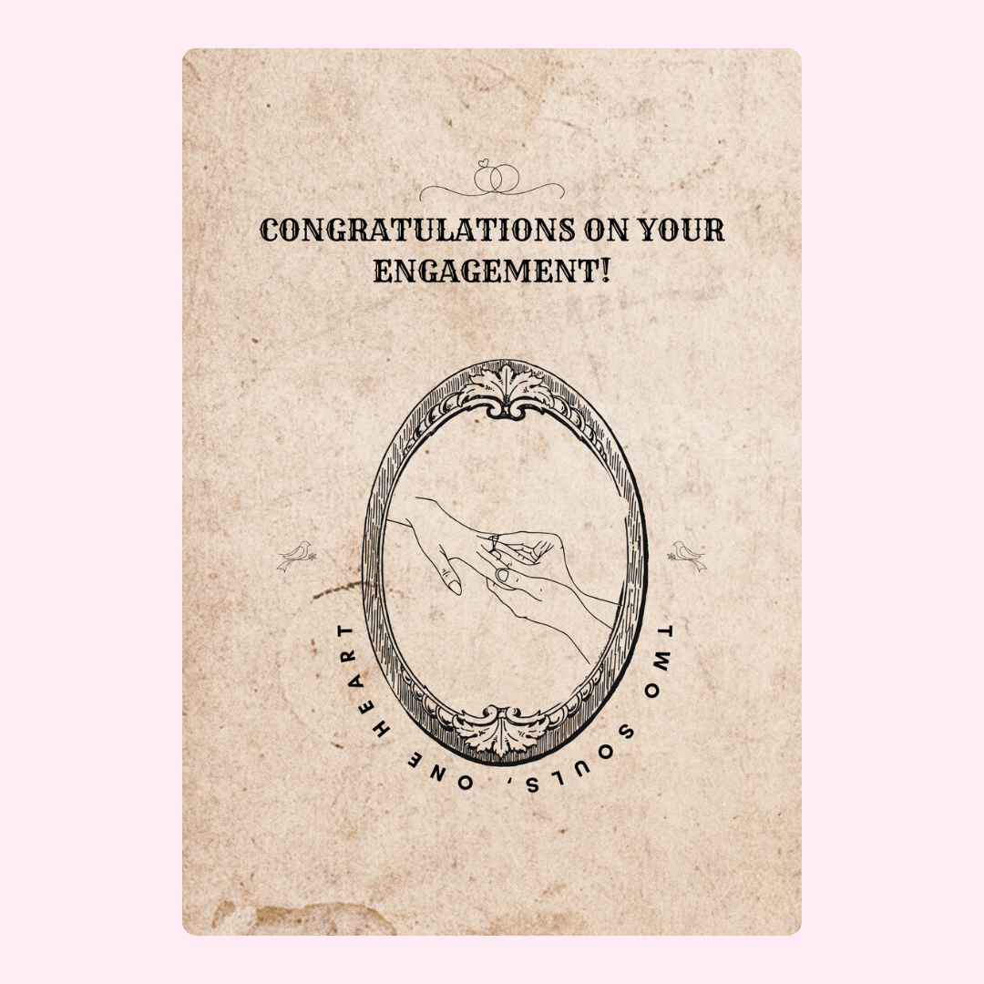 Engagement card, vintage style, congratulations message.