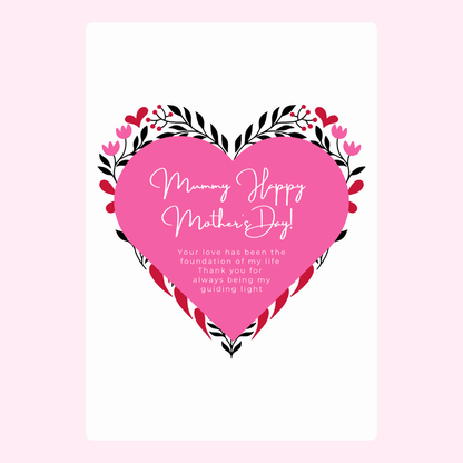 Mother's Day card with pink heart, flowers, and message