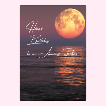 Birthday card for Pisces with moon over water.