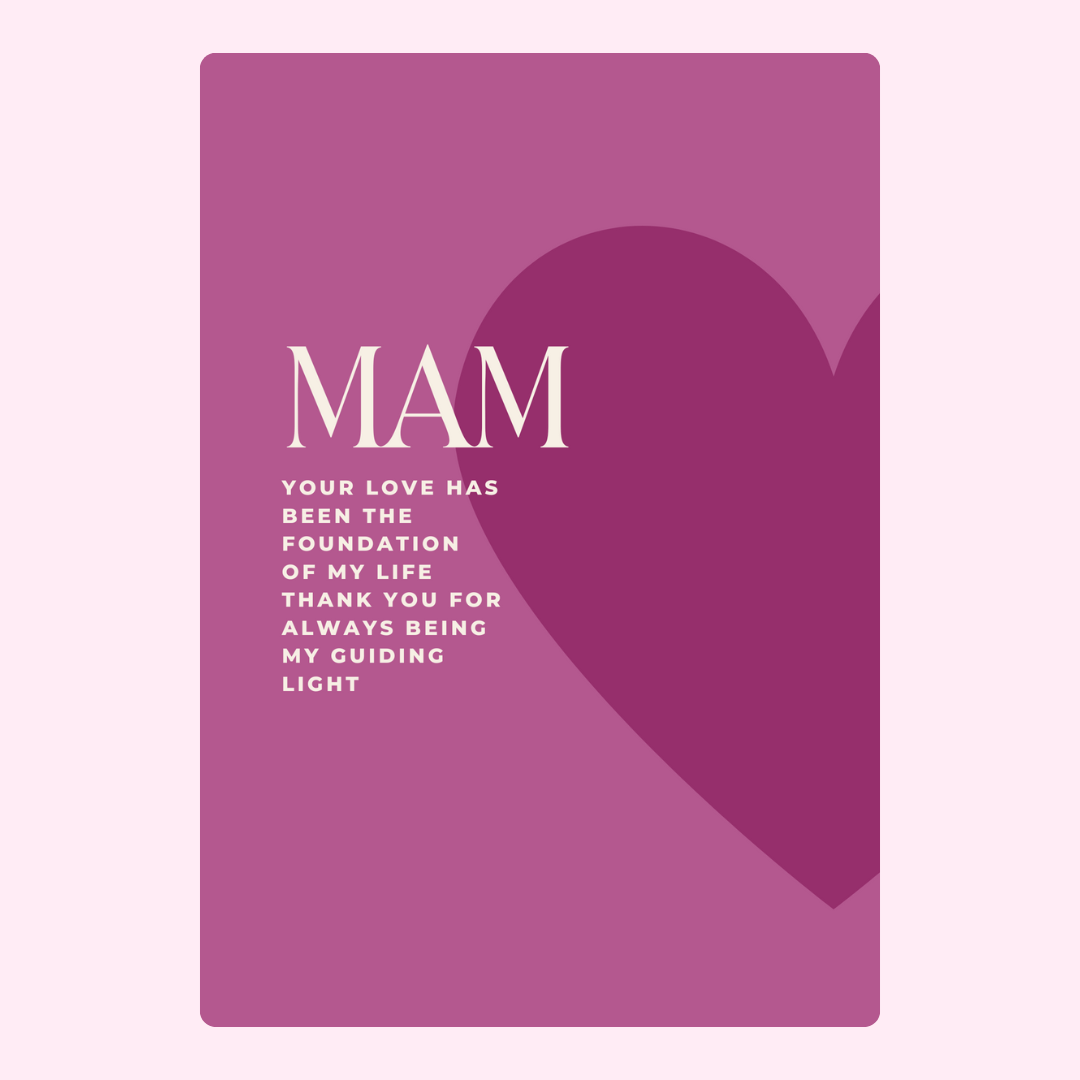 Mother's Day card with MAM text and heart, thank you message.