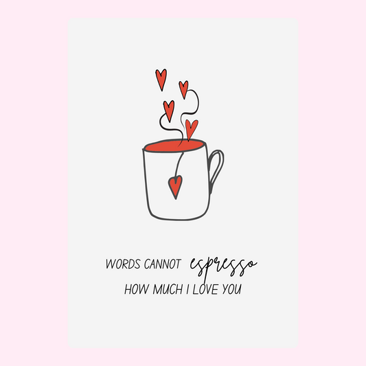 Love-themed espresso cup with hearts illustration.