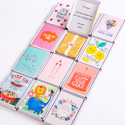 Gift boxes with cards for various occasions.