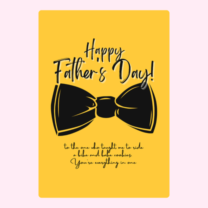 Father's Day card with bow tie, bike, and cookies