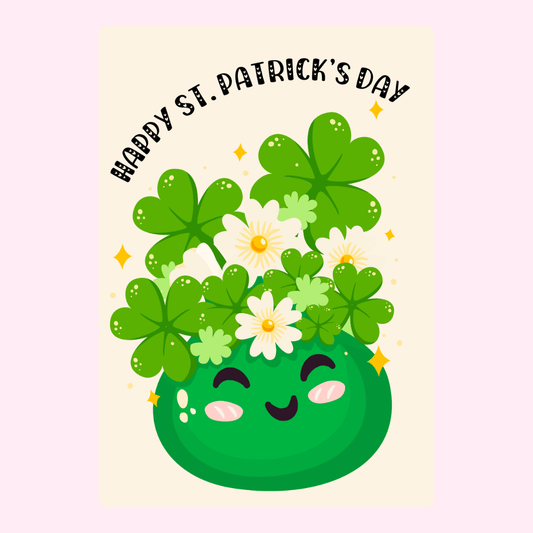 Happy St. Patrick's Day illustration with shamrocks and a smiling pot.