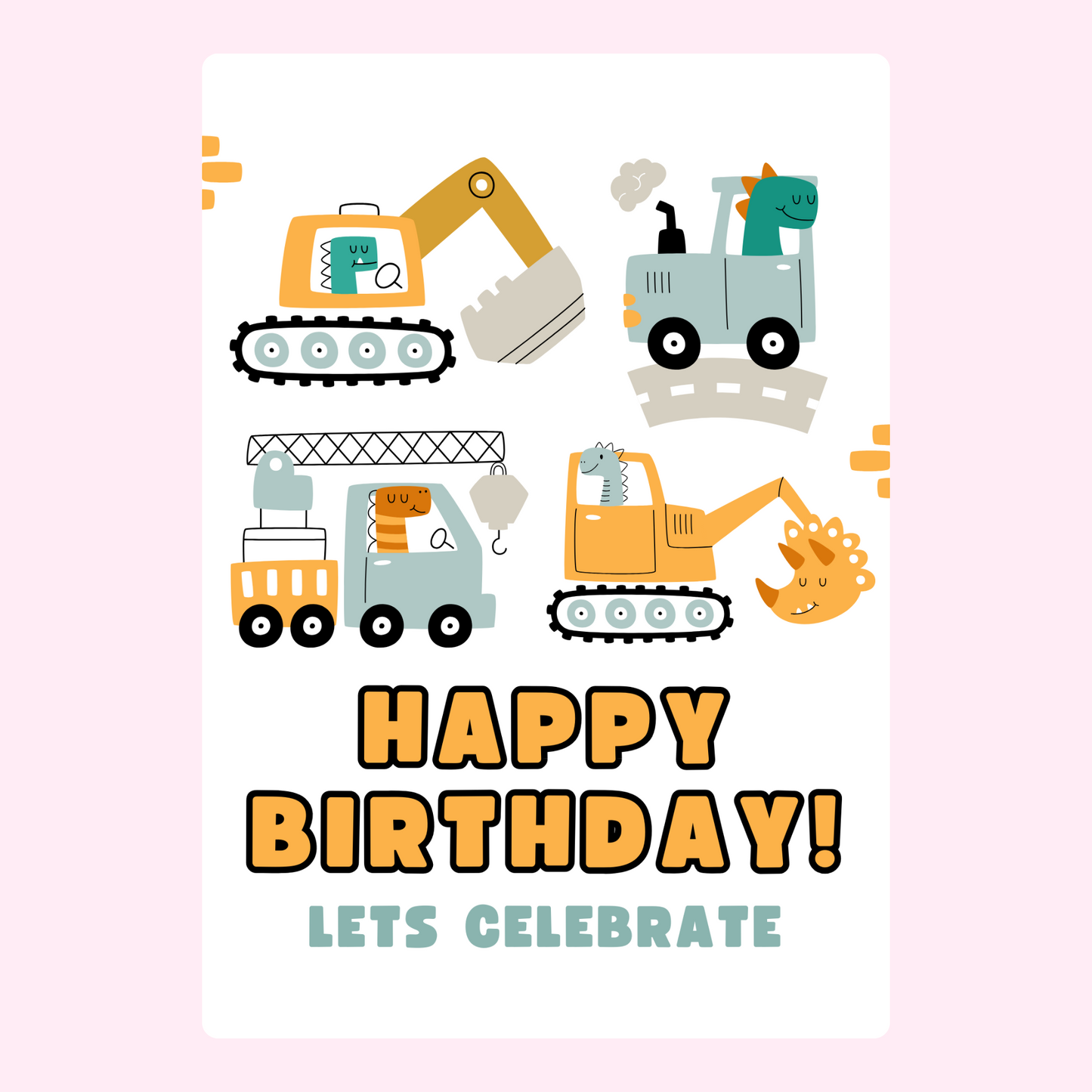 Happy Birthday card with cartoon construction vehicles