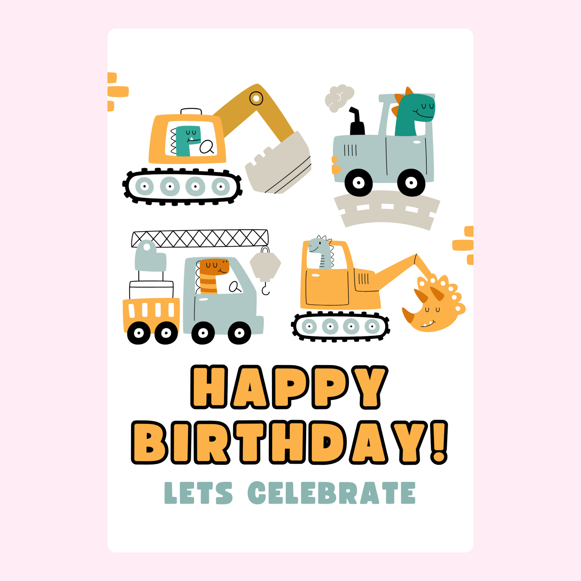 Happy Birthday card with cartoon construction vehicles