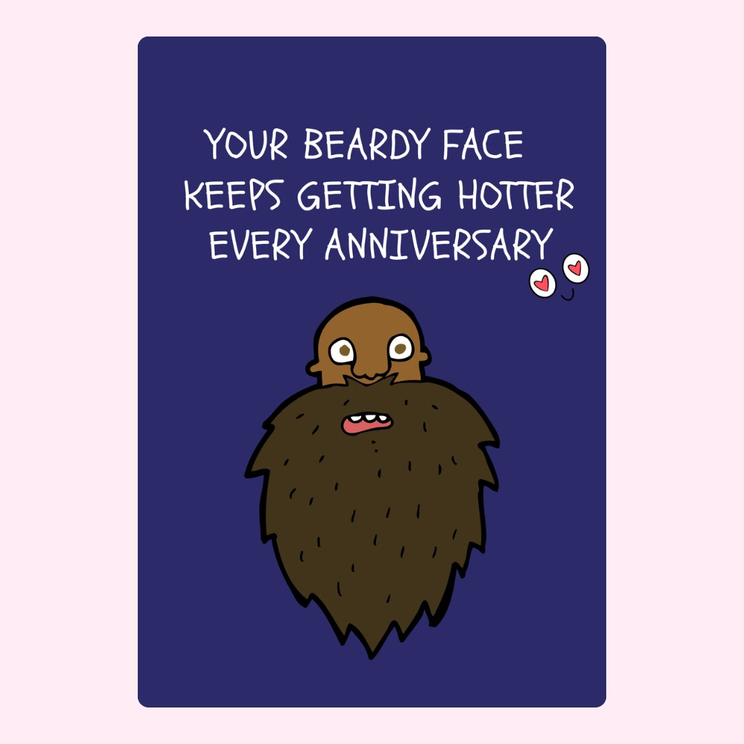 Meme-style bearded man anniversary message with cartoon heart eyes.