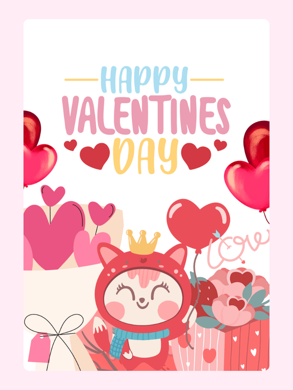 Happy Valentine's Day card with fox & hearts