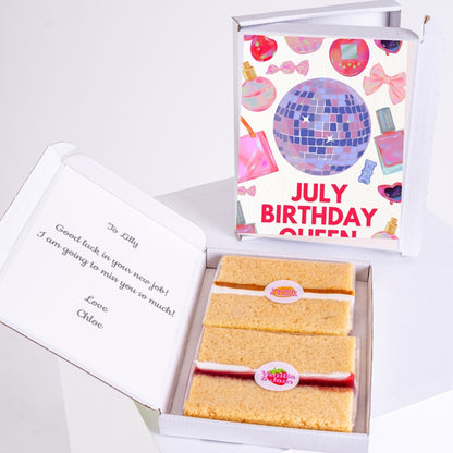 Letterbox cake gift with July Queen card