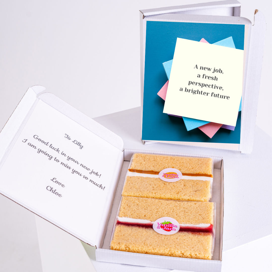 Farewell cake gift box for Lilly with good luck message.