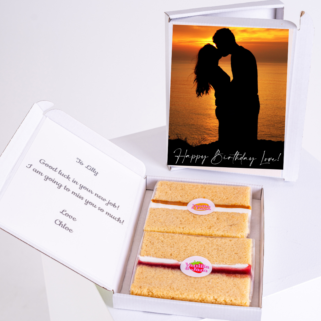 Birthday cake gift with sunset photo and Happy Birthday Love! message.