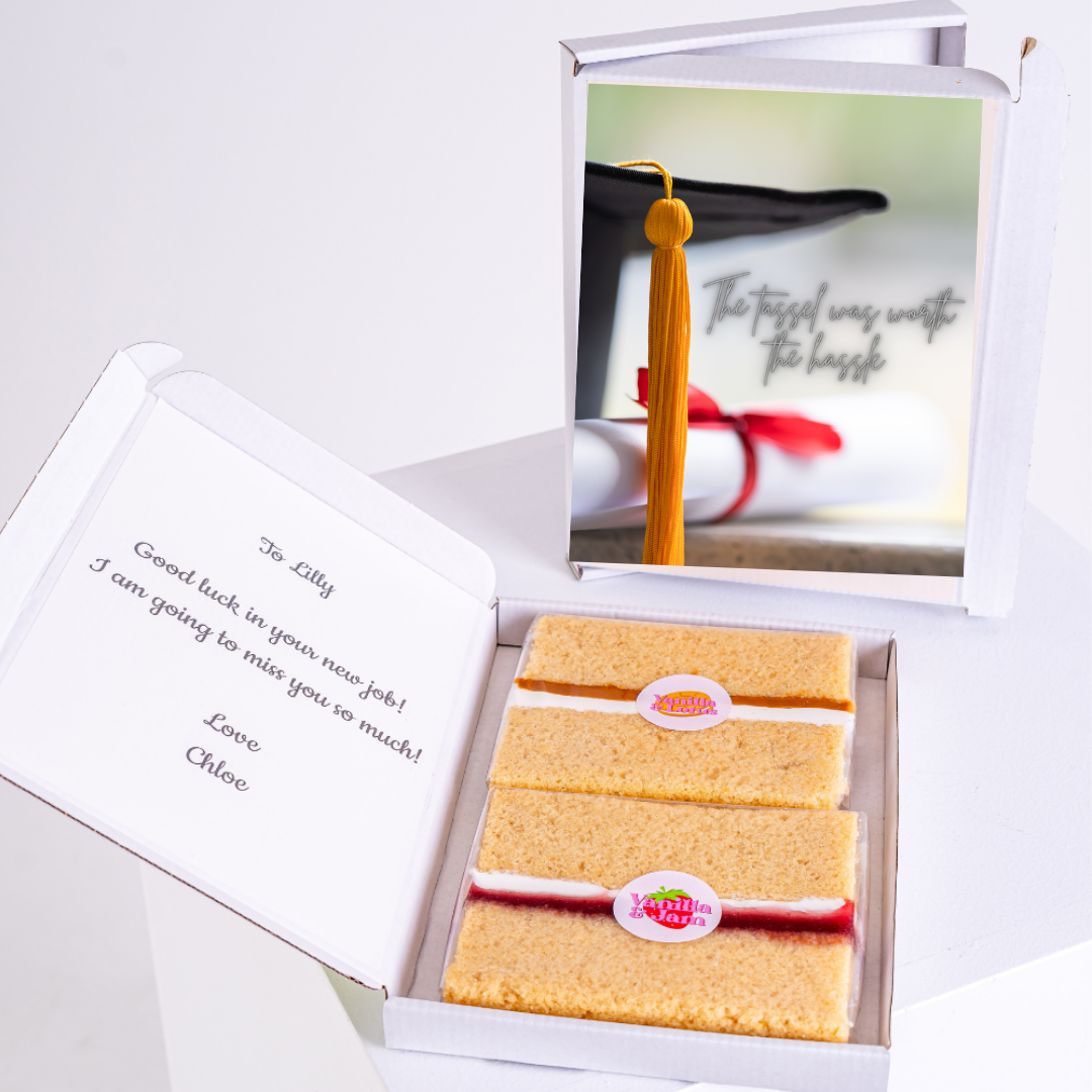 Graduation cake gift box for Lilly, with message.