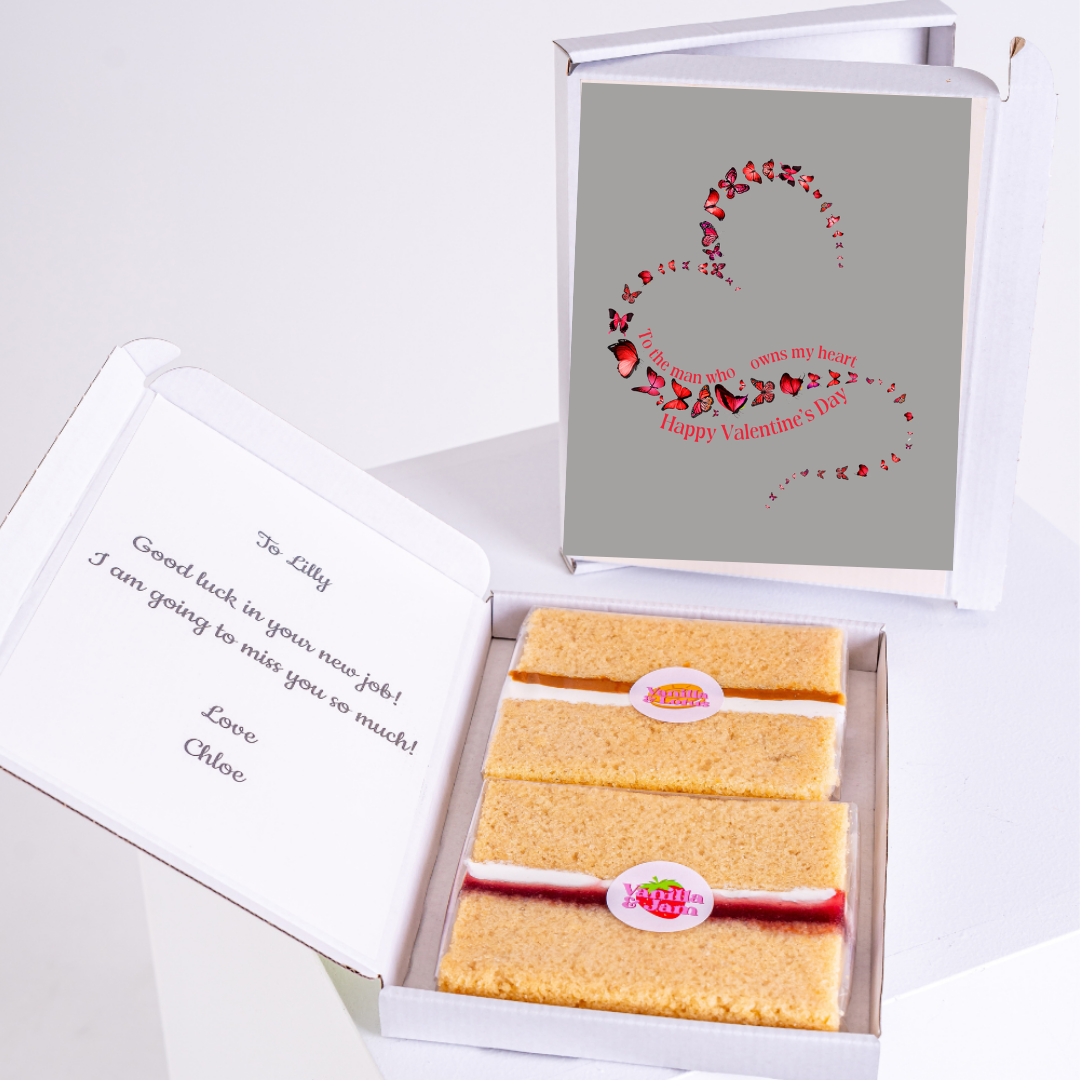 Cake gift box for Lilly, with Valentine's Day art and farewell message.
