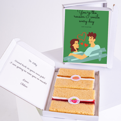 Gift box with cake and You're the reason I smile every day card.