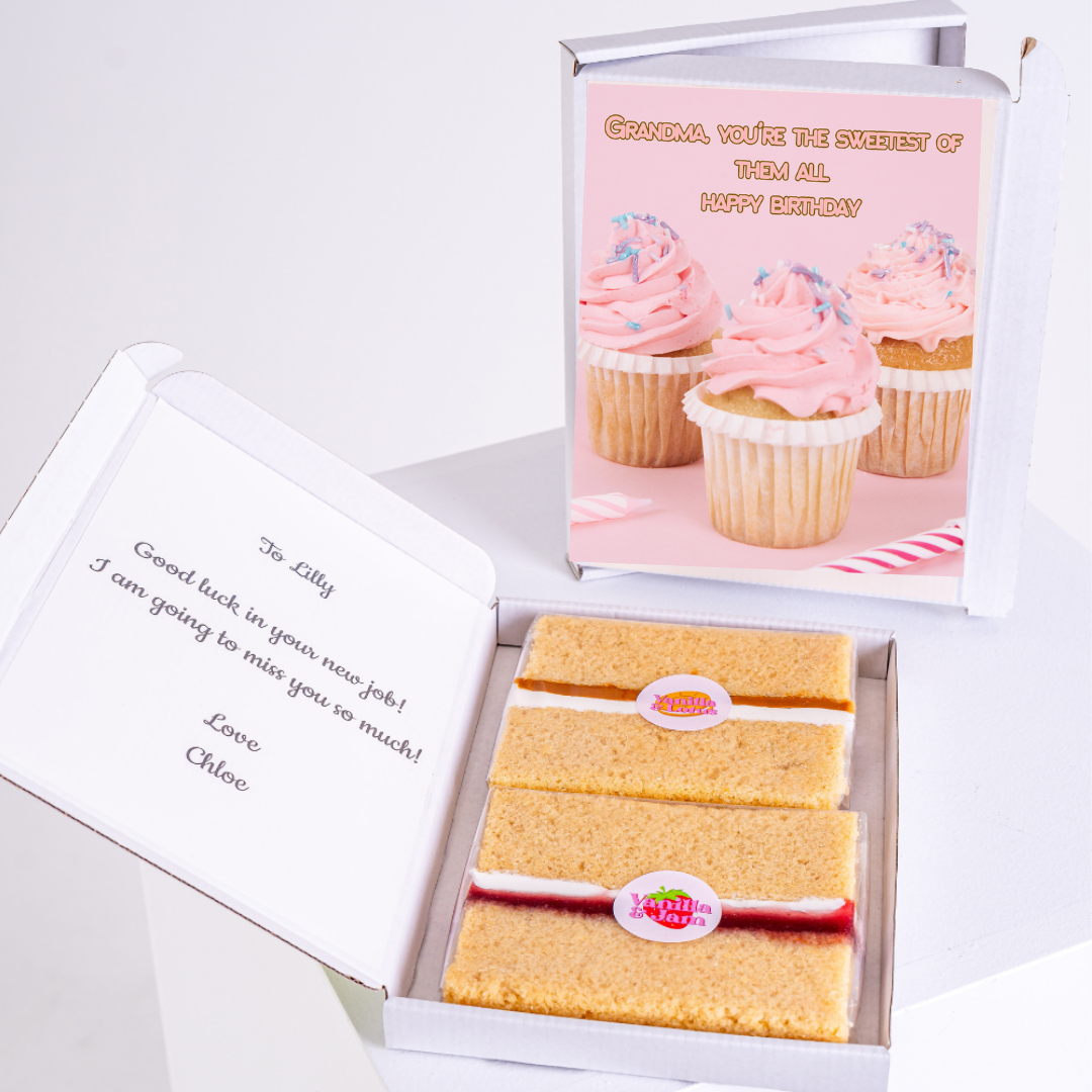 Cake gift box for Lilly's new job, with a birthday card for Grandma.