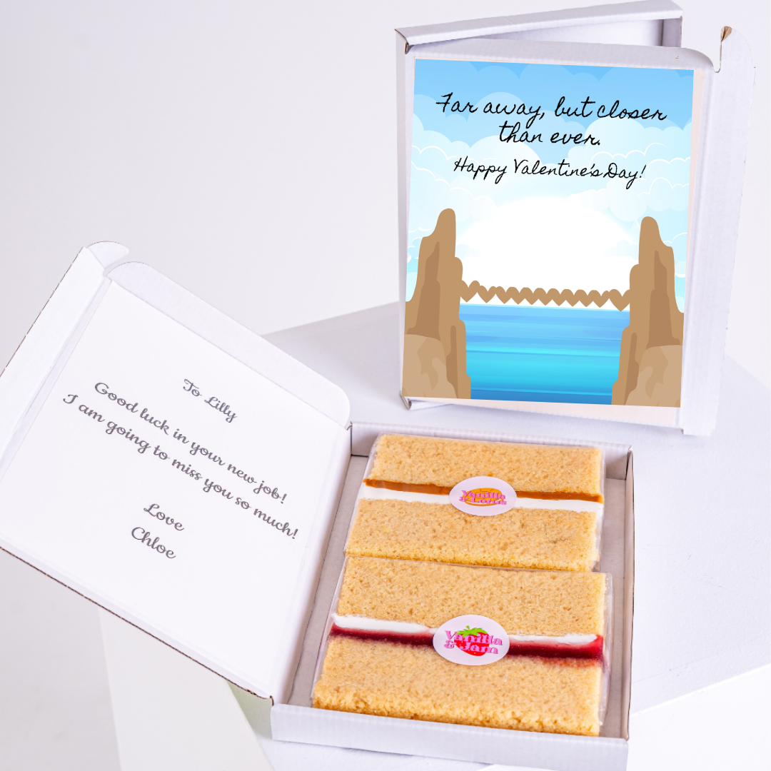 Valentine's Day cake gift for Lilly with message and bridge illustration.