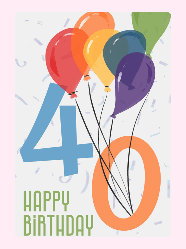 40th birthday card with colorful balloons design